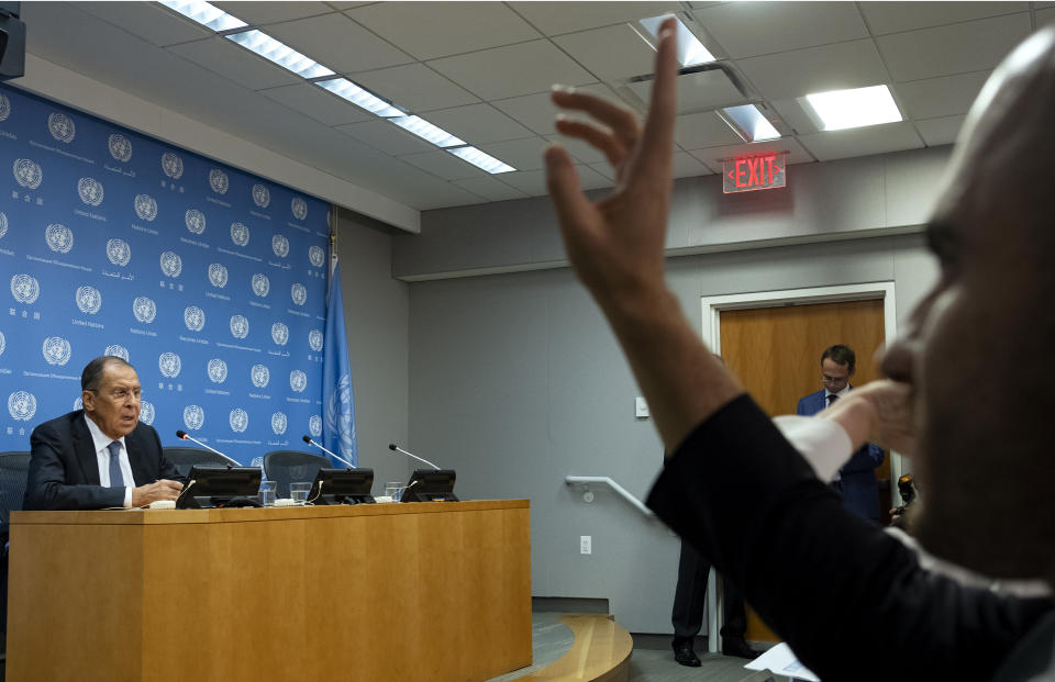 Russia's Foreign Minister Sergey Lavrov speaks during news conference at the 73rd session of the United Nations General Assembly, at U.N. headquarters, Friday, Sept. 28, 2018. (AP Photo/Craig Ruttle)