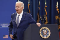 President Joe Biden speaks at an event at Abbots Creek Community Center in Raleigh, N.C., Thursday, Jan. 18, 2024. Biden is visiting North Carolina to highlight $82 million in new spending to connect 16,000 households and businesses to high-speed internet. (AP Photo/Ben McKeown)