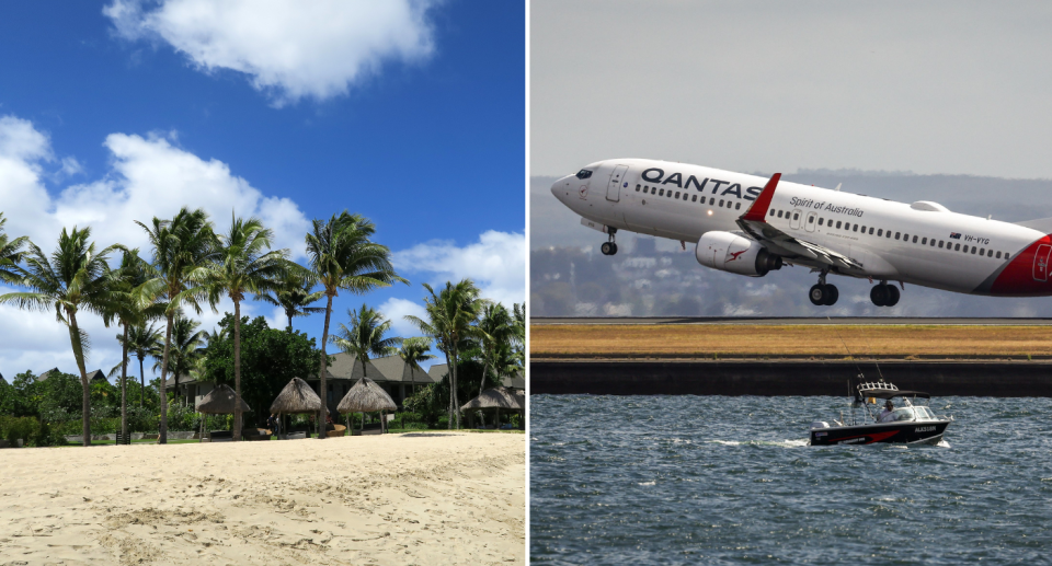 Left image is of a beach in Fiji with palm trees in the background. Right image is of a Qantas plane taking off. 