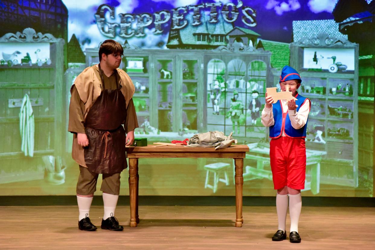 Geppetto gets frustrated with Pinocchio's behavior during a rehearsal for Disney's "My Son Pinocchio Jr." at The Mansfield Playhouse. The musical, with a cast of 39, will be presented this weekend and next.