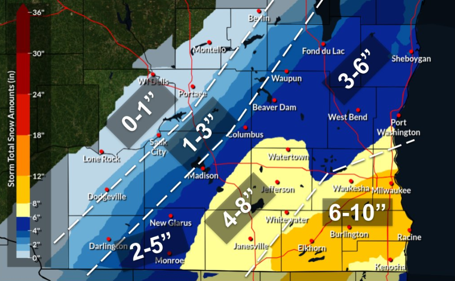 Estimated snow totals for southeast Wisconsin.