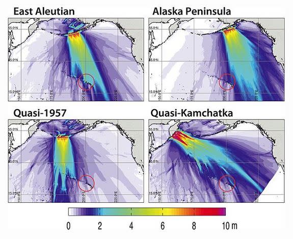 A series of simulations show how earthquakes ranging from a 9.0 to 9.6 magnitude in the Aleutian Islands could affect the Hawaiian Islands. The red circle encompasses the island of Kauai and the Big Island.