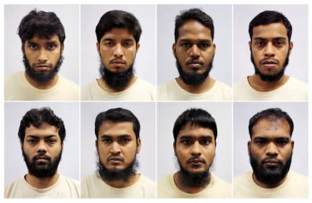 A combination of mugshots of Bangladeshi construction and marine industry workers - Islam Shariful (top L-R), Mamun Leakot Ali, Md Jabath Kysar Haje Norul Islam Sowdagar, Miah Rubel, Rahman Mizanur (bottom L-R), Sohag Ibrahim, Sohel Hawlader Ismail Hawlader and Zzaman Daulat - who were part of a radicalised group called the Islamic State in Bangladesh (ISB) detained in April under the Internal Security Act in Singapore in this handout photo released May 3, 2016.     Ministry of Home Affairs/Handout via REUTERS