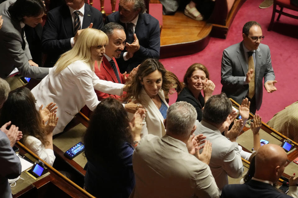 5 stars Movement lawmaker Maria Domenica Castellone reacts at the end of her speech at the Senate, in Rome, Thursday, July 14, 2022, before voting a bill on various economic measures. The stability of Italian Premier Mario Draghi's coalition government is at risk because 5-Star lawmakers say they will not participate in a confidence vote in Parliament. (AP Photo/Gregorio Borgia)