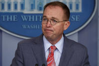 White House chief of staff Mick Mulvaney announces that the G7 will be held at Trump National Doral, Thursday, Oct. 17, 2019, in Washington. (AP Photo/Evan Vucci)