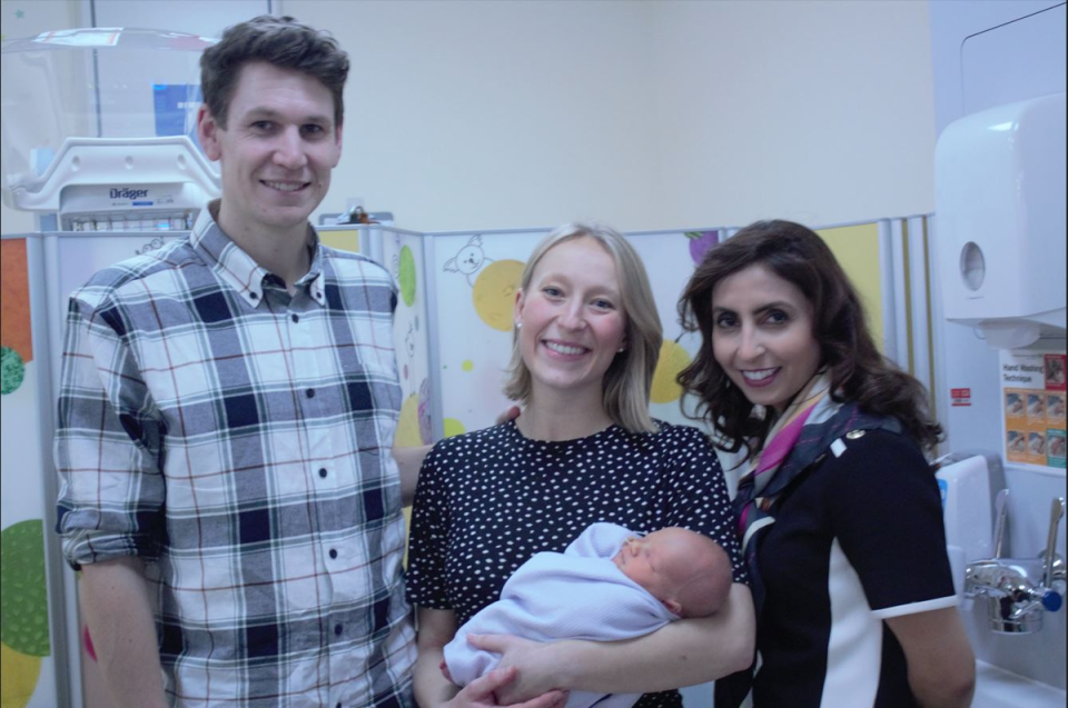 Peter and Anne Verschueren with their baby Freddie alongside Professor Asma Khalil (Supplied)
