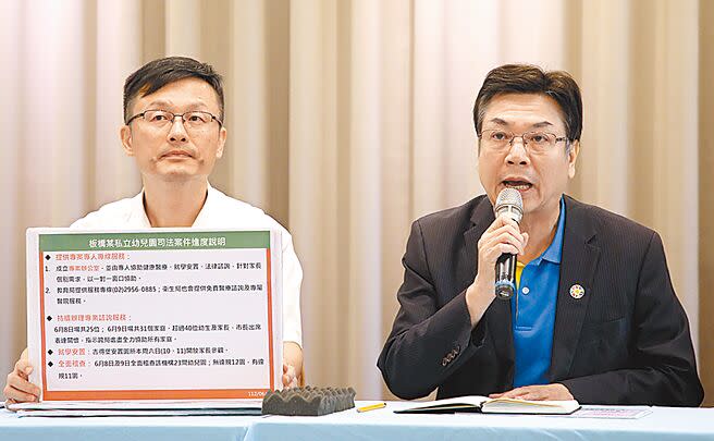 新北市政府10日由副市長劉和然（右）和教育局長張明文（左）針對幼兒園餵藥事件舉行進度說明記者會，強調管制藥等問題是檢方偵查重點。（趙雙傑攝）