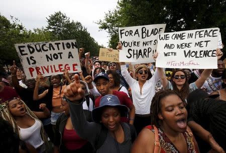 Students protest over planned increases in tuition fees in Stellenbosch, October 23, 2015. REUTERS/Mike Hutchings