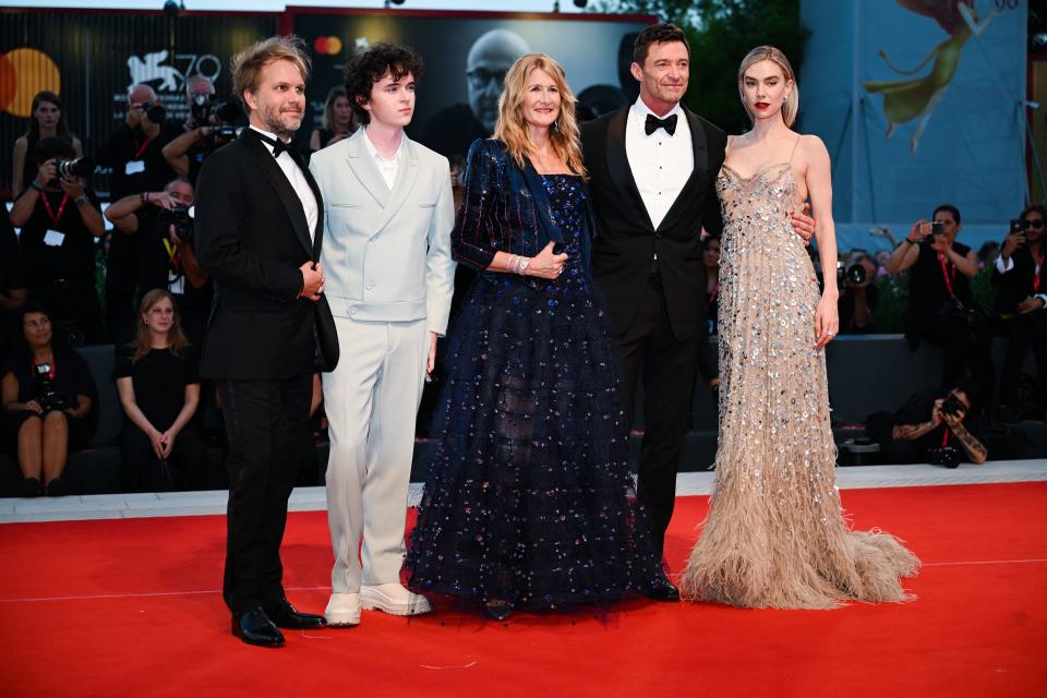 (From L) French director Florian Zeller, Australian actor Zen McGrath, US actress Laura Dern, Australian actor Hugh Jackman and British actress Vanessa Kirby arrive on September 7, 2022 for the screening of the film "The Son" presented in the Venezia 79 competition as part of the 79th Venice International Film Festival at Lido di Venezia in Venice, Italy. (Photo by Andreas SOLARO / AFP) (Photo by ANDREAS SOLARO/AFP via Getty Images)