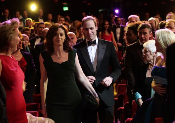 <p>Dame Judi Dench, Emma Thompson and Steve Coogan look on as the Duke of Cambridge makes his way to his seat at the ceremony in 2014.</p>