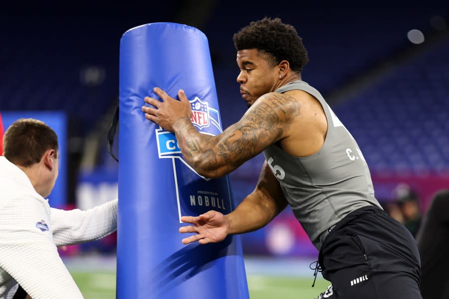 INDIANAPOLIS, INDIANA – FEBRUARY 29: Chop Robinson #DL45 of Penn State participates in a drill during the NFL Combine at Lucas Oil Stadium on February 29, 2024 in Indianapolis, Indiana. (Photo by Kevin Sabitus/Getty Images)