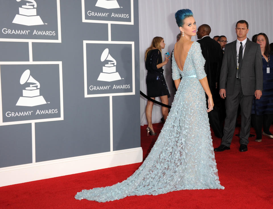 Katy Perry sparkled in this powder blue Elie Saab gown with bright blue hair.