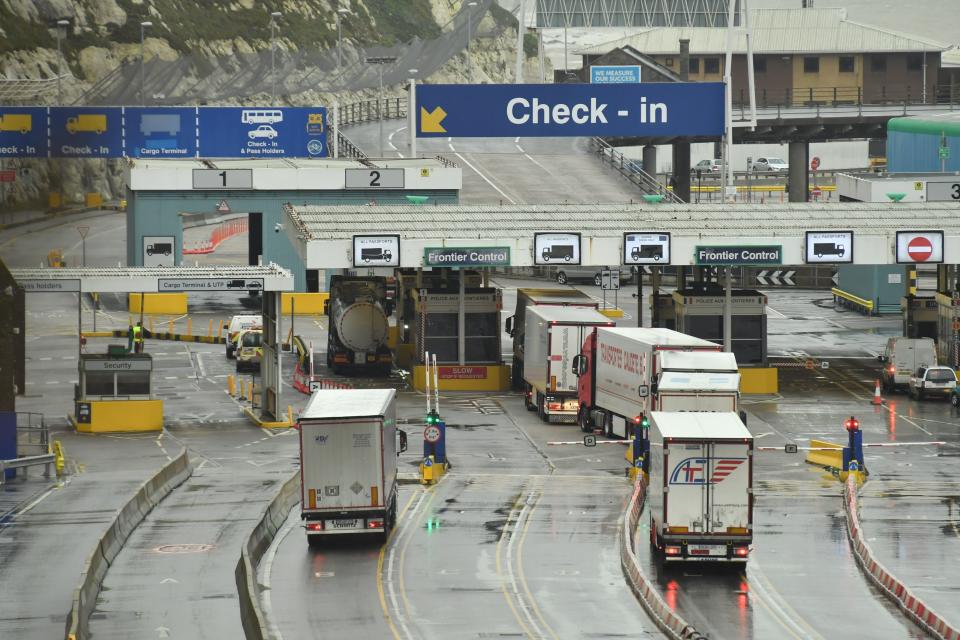 Lorries prepare to embark on a ferry at the Port of Dover, southeast England, on January 4, 2021 following Britain's departure from the European Union. (Photo by Glyn KIRK / AFP) (Photo by GLYN KIRK/AFP via Getty Images)