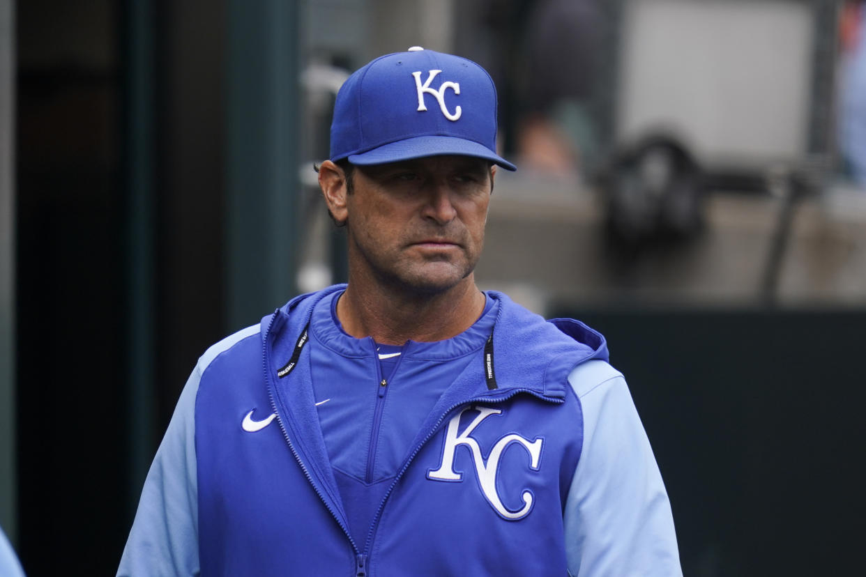 Kansas City Royals manager Mike Matheny watches against the Detroit Tigers in the seventh inning of a baseball game in Detroit, Thursday, Sept. 29, 2022. (AP Photo/Paul Sancya)