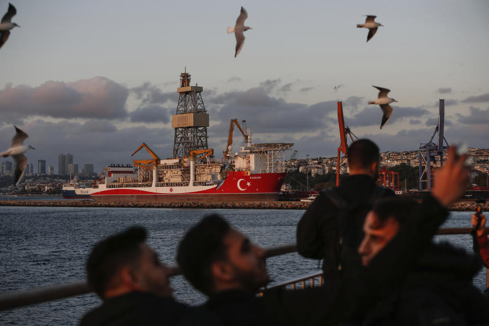 Turkish drilling ship Kanuni is seen docked for maintenance before heading to the Black Sea for drilling operations, at the port of Haydarpasa in Istanbul, Wednesday, Oct. 21, 2020. Turkey's President Recep Tayyip Erdogan announced Oct. 17, the discovery of 85 billion cubic meters of natural gas reserves off the Black Sea coast, in addition to the August's announcement of the discovery of 320 billion cubic meters as Turkey increased its maritime search for hydrocarbon resources. (AP Photo/Emrah Gurel)