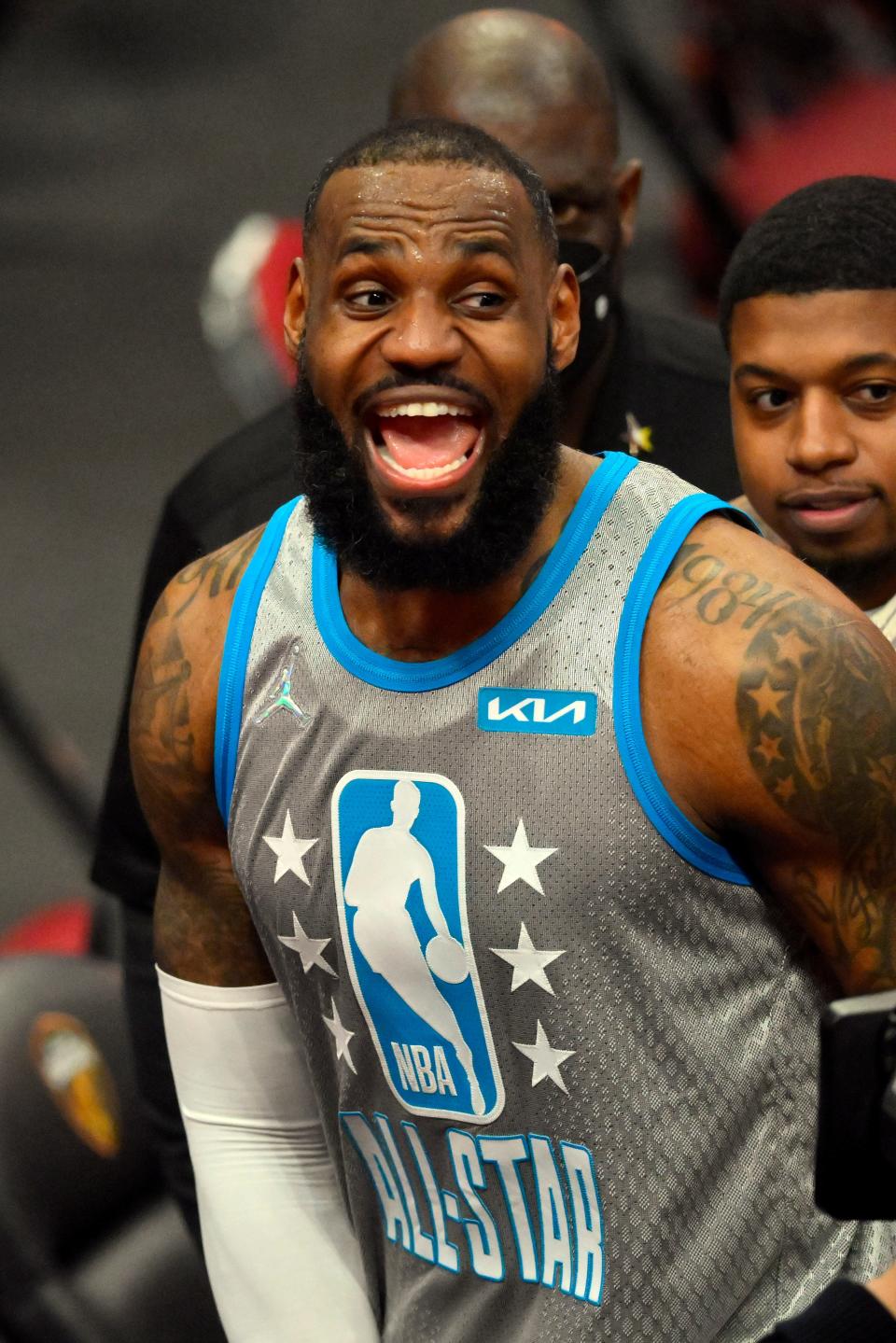 LeBron James celebrates after Team LeBron defeated Team Durant in the 2022 NBA All-Star Game, Feb. 20, 2022, in Cleveland.