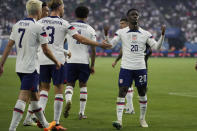 Folarin Balogun of the United States celebrates after scoring against Canada during the first half of a CONCACAF Nations League final match Sunday, June 18, 2023, in Las Vegas. (AP Photo/John Locher)