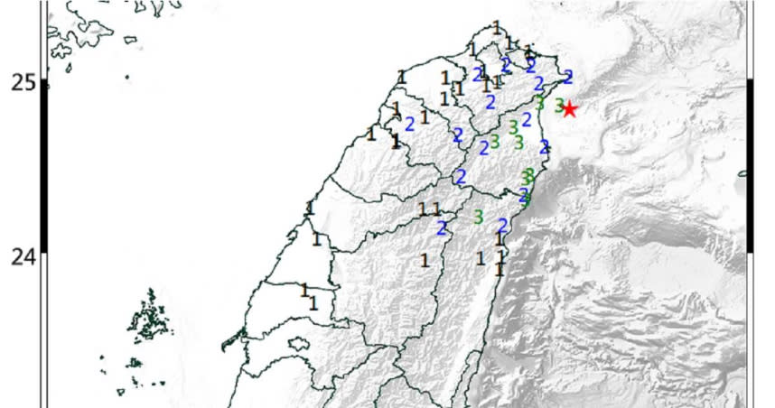 宜蘭縣東部海域25日晚間發生規模5地震，氣象署地震中心示警，預估未來2天內恐再發生規模4到4.5餘震。（圖／翻攝自氣象署）