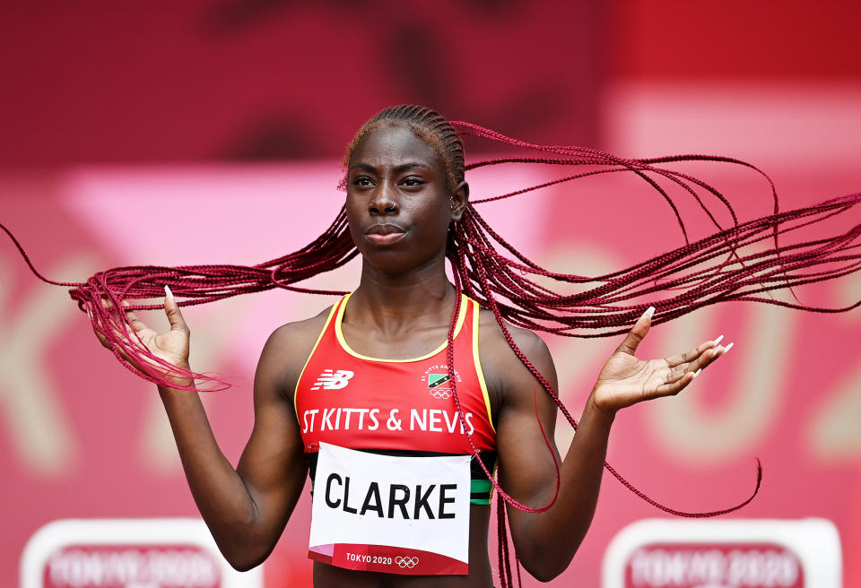 <p>Amya Clarke of Saint Kitts and Nevis prepares to compete during round one of the women's 100m heats on July 30.</p>