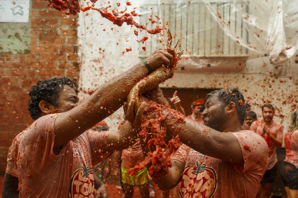 <p>Revellers enjoy the atmosphere in tomato pulp while participating the annual Tomatina festival on Aug. 30, 2017 in Bunol, Spain. (Photo: Pablo Blazquez Dominguez/Getty Images) </p>