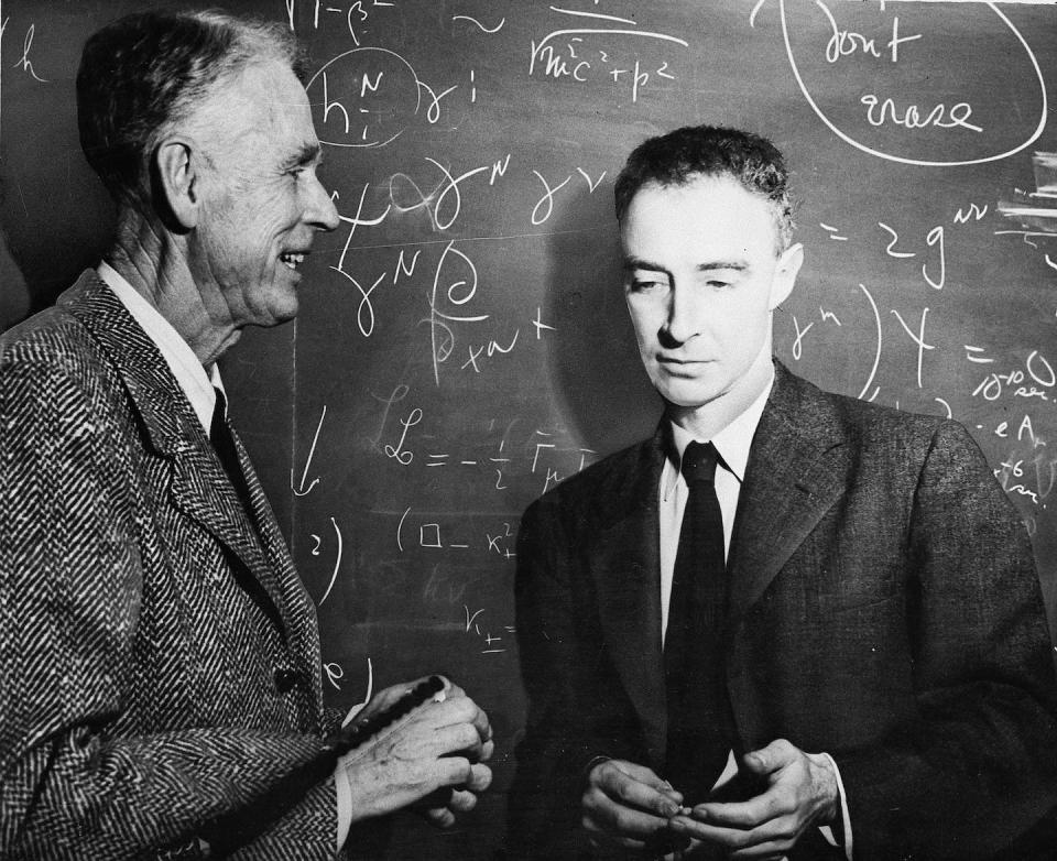 J. Robert Oppenheimer, on the right, in 1947, speaking to mathematician Oswald Veblen at the Princeton Institute for Advance Study. <a href="https://newsroom.ap.org/detail/PrincetonOppenheimer1947/cda75d90e0fe4924be9217d9399b34c0/photo?Query=oppenheimer&mediaType=photo&sortBy=&dateRange=Anytime&totalCount=535&currentItemNo=33&vs=true" rel="nofollow noopener" target="_blank" data-ylk="slk:AP/Anonymous;elm:context_link;itc:0;sec:content-canvas" class="link ">AP/Anonymous</a>