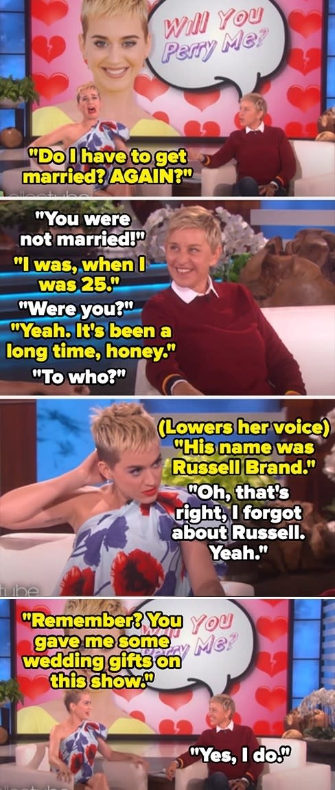 Katy Perry and Ellen DeGeneres on Ellen's show. Katy jokes about marriage, mentioning Russell Brand. Ellen recalls giving her wedding gifts