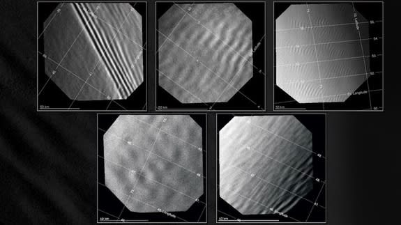 A study of gravity waves in the atmosphere of Venus found four types of waves: long (top left), medium (top center), short (top right) and irregular (bottom row). Identified in images obtained with the Venus Monitoring Camera aboard Venus Expre