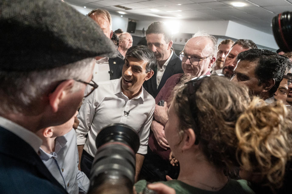 Prime Minister Rishi Sunak (centre) during his visit to Amersham and Chiltern RFC, while on the General Election campaign trail. Picture date: Monday May 27, 2024. (Photo by Aaron Chown/PA Images via Getty Images)