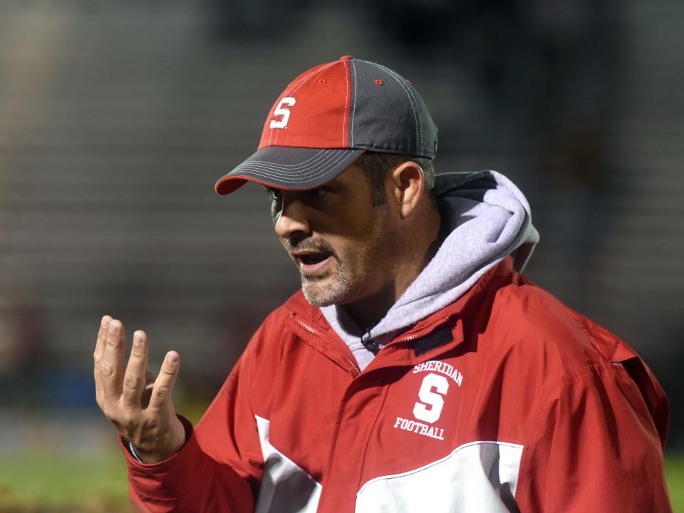 Sheridan coach Paul Culver III talks to his team following a 48-27 win last season against River View in Warsaw. The Generals return 20 seniors and 25 lettermen to a team that hopes to contend for the Muskingum Valley League's Big School Division.