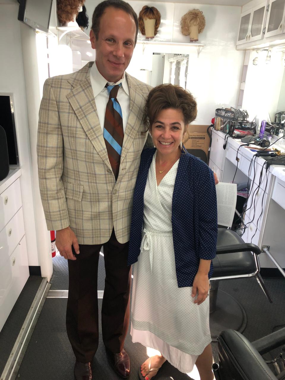 Author Jeff Pearlman and his wife, Catherine, on the set of HBO series "Winning Time," based on Pearlman's 2014 book "Showtime." The Pearlmans are dressed for cameos in the TV series, which is set in the 1980s