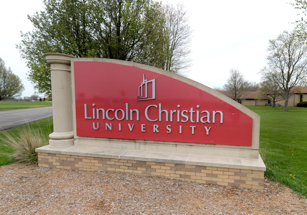 A sign at the entrance to the campus of Lincoln Christian University in Lincoln, Ill., on Thursday, April 11, 2024. LCU is closing at the end May while Lincoln Christian Seminary will operate out of Ozark Christian College in Missouri.