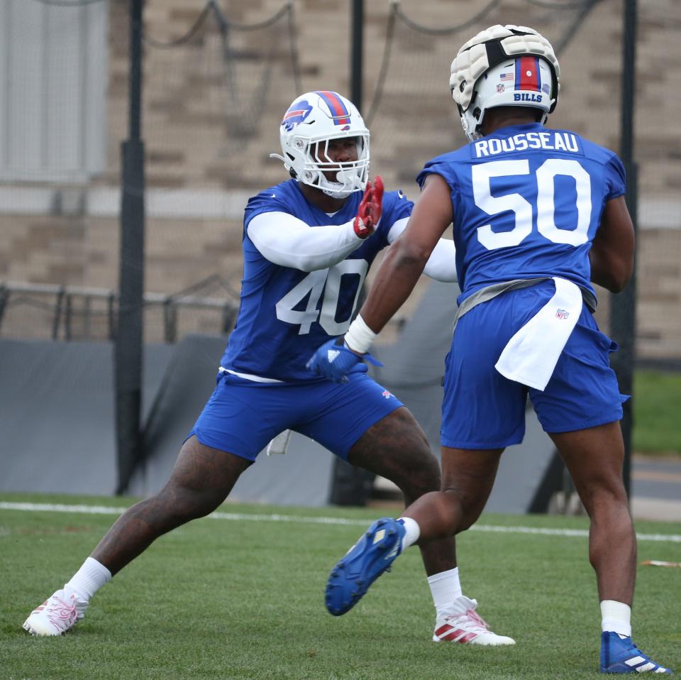 Bills edge rushers Von Miller and Greg Rousseau working in positional drills at St. John Fisher University.