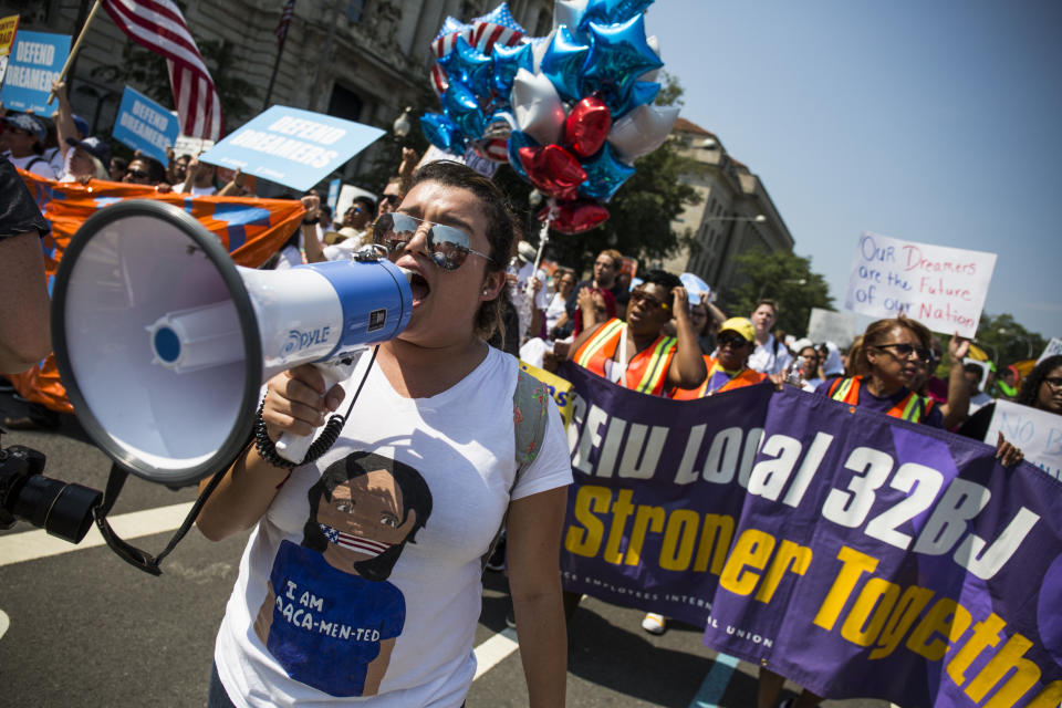 <p>Demonstrators march during a demonstration in response to the Trump Administration’s announcement that it would end the Deferred Action for Childhood Arrivals (DACA) program on September 5, 2017 in Washington. (Photo: Zach Gibson/Getty Images) </p>