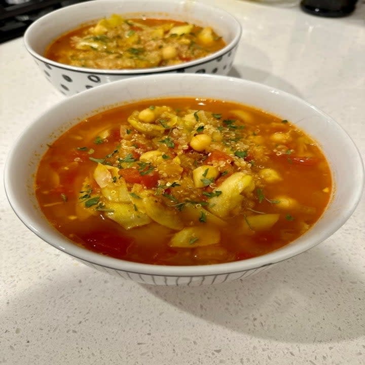 bowls of soup on the counter