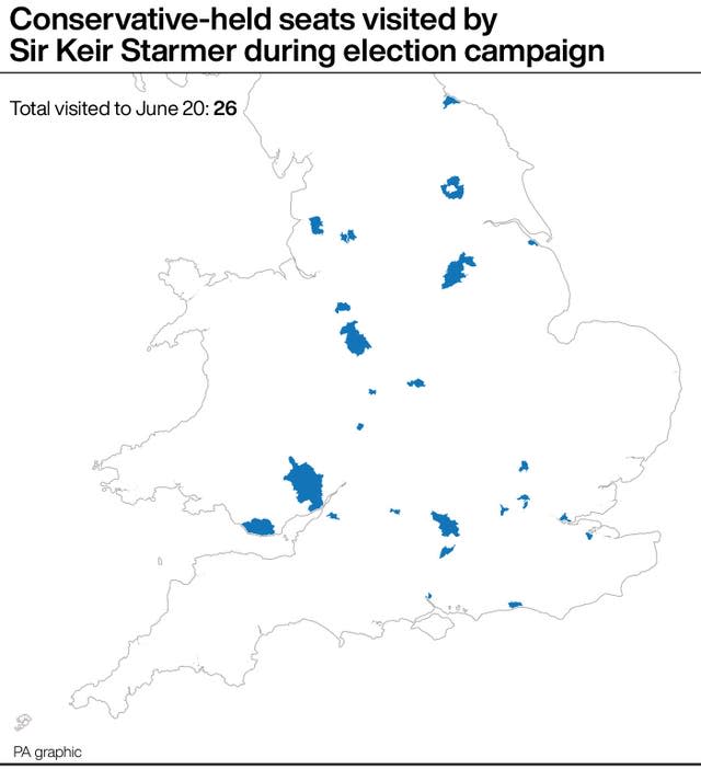 A map showing Conservative-held seats visited by Sir Keir Starmer during the election campaign