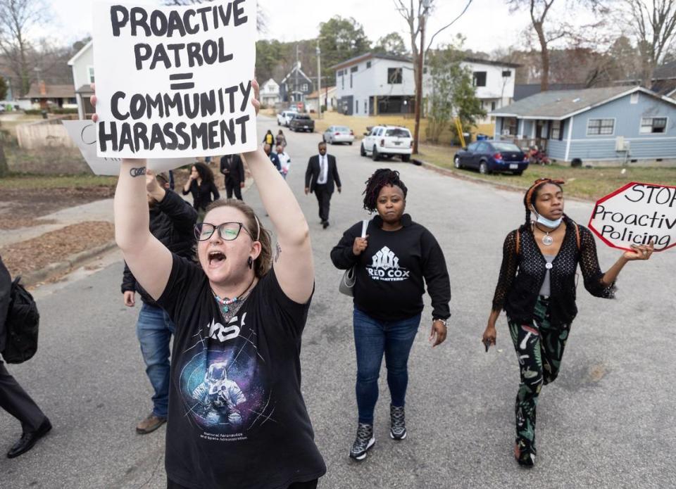 xA crowd marches to the spot where Darryl Williams was tased by the Raleigh Police Department on Thursday, Feb. 16, 2023, in Raleigh, N.C. Williams died shortly afterward. During a press conference on Thursday, attorney Ben Crump called for charges in Williams’ death.