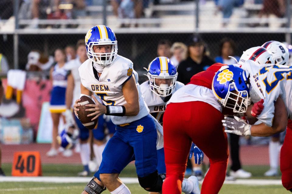 Orem’s quarterback Lance Reynolds plays in the high school football season opener against East at East High School in Salt Lake City on Friday, Aug. 11, 2023. | Megan Nielsen, Deseret News