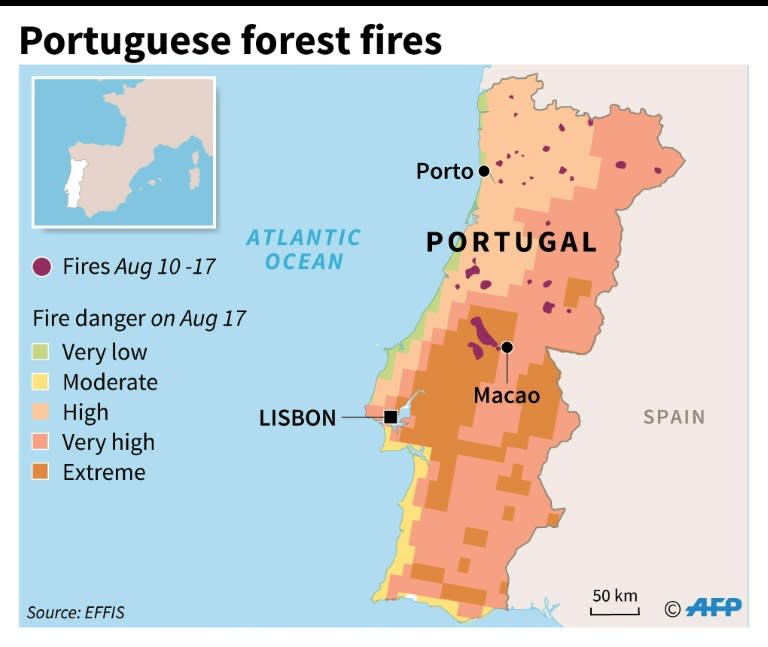 Map locating Portuguese forest fires in the past week and the fire risk scale for the country as of August 17