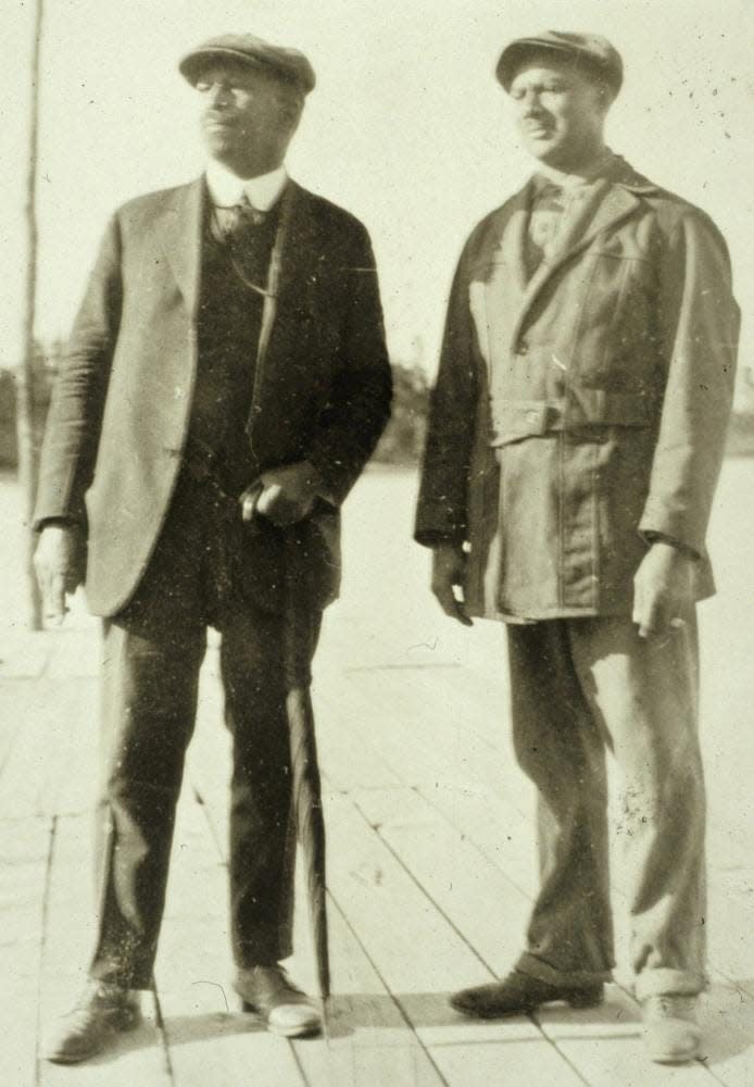 This photo shows W.E.B. Du Bois and Woodland Park founder Marion Auther on the dock at Woodland Lake.  Marion and Ella Auther founded Woodland Park in 1921 and attracted residents like Du Bois – a leading American sociologist during the 20th century. (Courtesy W.E.B. Du Bois Archives, University of Massachusetts, Amherst)