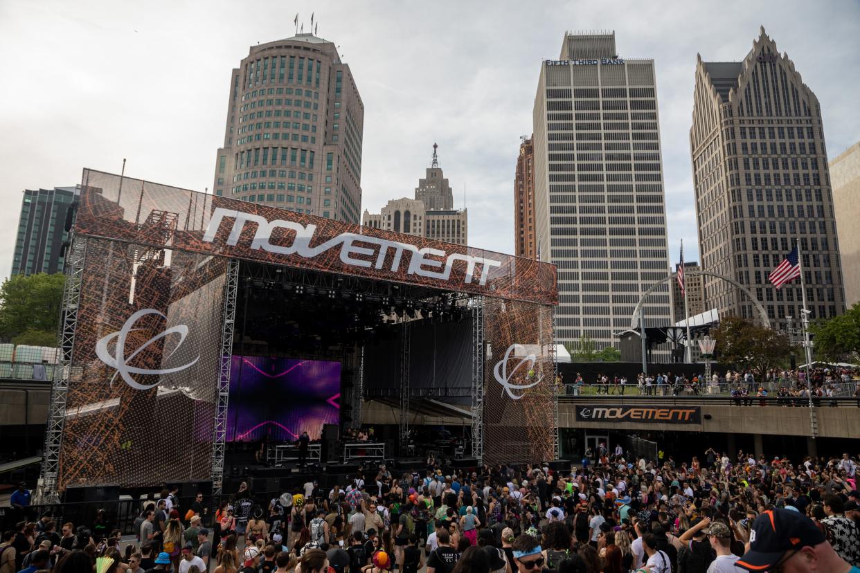 People dance in front of the Movement Stage during the Movement Festival at Hart Plaza in Detroit on Saturday, May 27, 2023. 