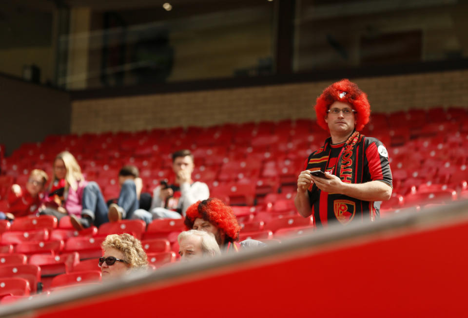 Bournemouth fans before the Barclays Premier League match between Manchester United and AFC Bournemouth in Manchester, England, on May 15, 2016. (Jason Cairnduff/Livepic/Action Images via Reuters)