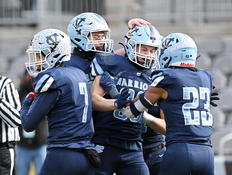 Central Valley celebrates after Jack Bible (80) scored a touchdown against North Catholic during the WPIAL Class 3A championship game, Saturday at Heinz Field.