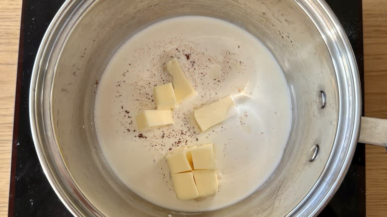 pot of milk, butter, nutmeg