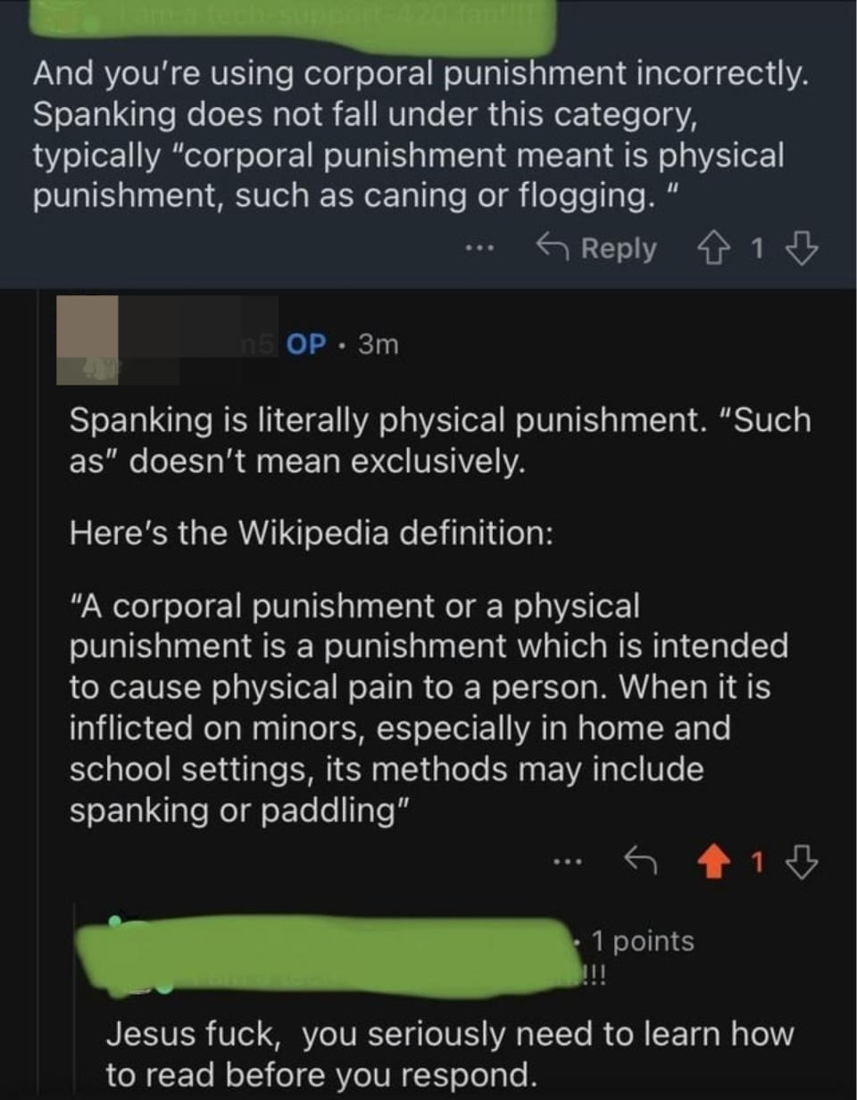 someone arguing that spanking isn't considered corporal punishment even after a definition was given