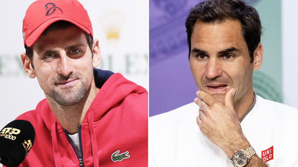 Novak Djokovic (pictured left) smiling during a press conference and Roger Federer (pictured right) thinking about a question.