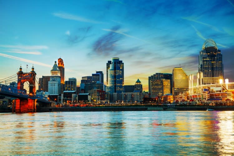 cincinnati, ohio, waterfront, dusk, skyscraper, downtown, usa, river, travel, illuminated, urban, suspension, night, skyline, twilight, building, reflection, architecture, city, water, bridge, office, lights, cityscape