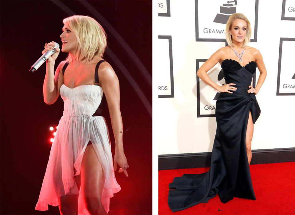 Carrie Underwood in a white, flouncy minidress with a black bodysuit during her performance with Sam Hunt; the country artist on the red carpet in a black dress with a thigh-high slit. (Getty Images)