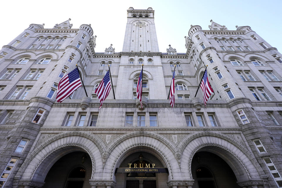 FILE - A view of The Trump International Hotel is seen, March 4, 2021, in Washington. Former New York Yankees slugger Alex Rodriguez, once vilified by Donald Trump as a “druggie” and “joke” unworthy of wearing the pinstripes, is now a key part of an investment group seeking to buy the rights to the ex-president’s marquee Washington, D.C., hotel, people familiar with the deal told The Associated Press. (AP Photo/Julio Cortez, file)