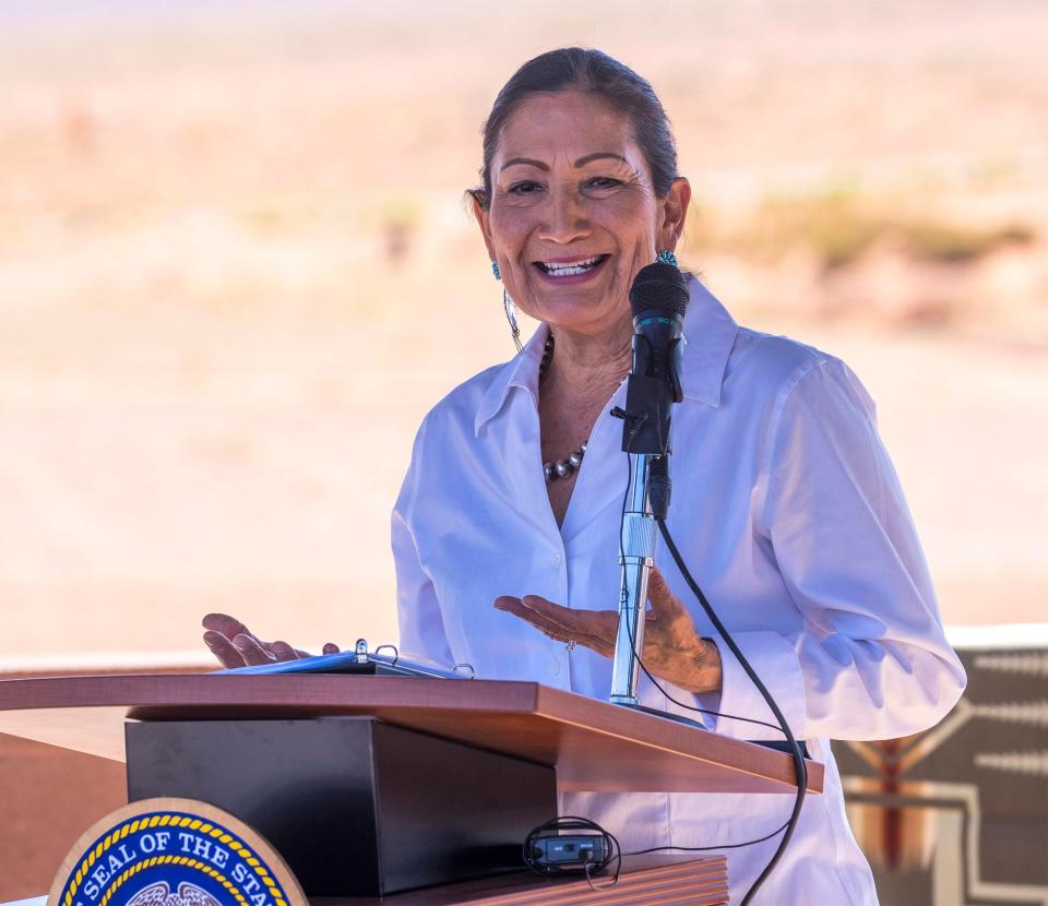 FILE - U.S. Secretary of the Interior Deb Haaland speaks after signing the agreement for the Navajo federal reserved water rights settlement at Monument Valley, Utah on Friday, May 27. Haaland has tested positive for COVID-19 on Wednesday, June 1, 2022 and has mild symptoms.