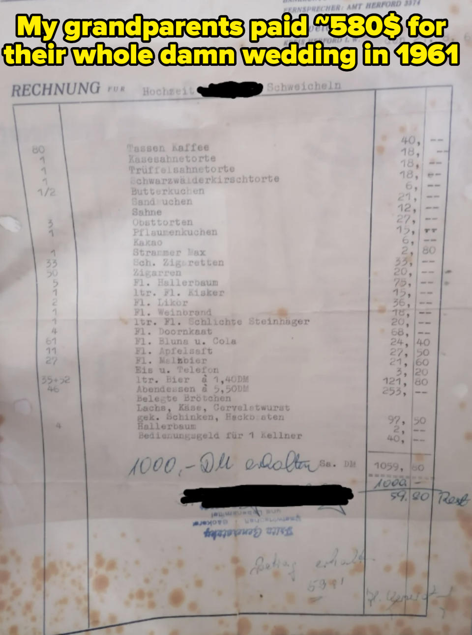 An old, stained German restaurant receipt listing various food and drink items with handwritten notes and signatures at the bottom